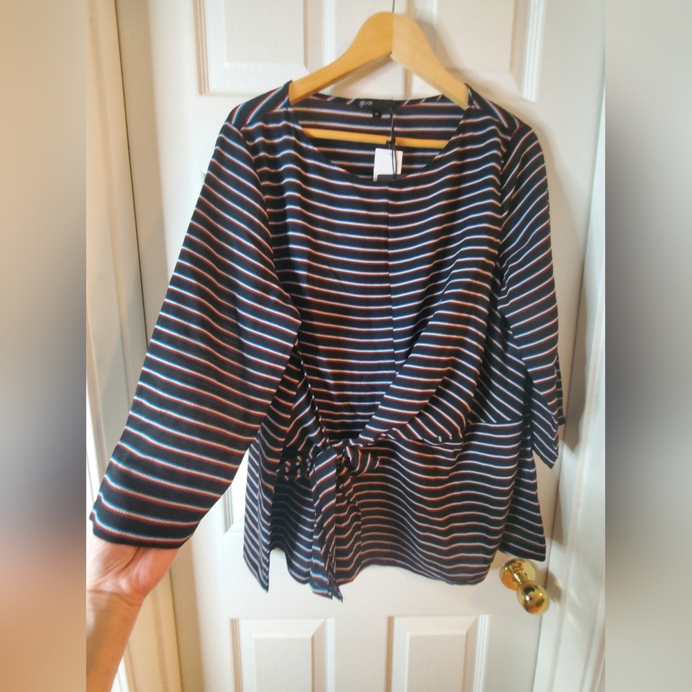 NWT Gibson Womens XL Black With White/Blue/Red Mini Stripe Crepe Tye Waist Top